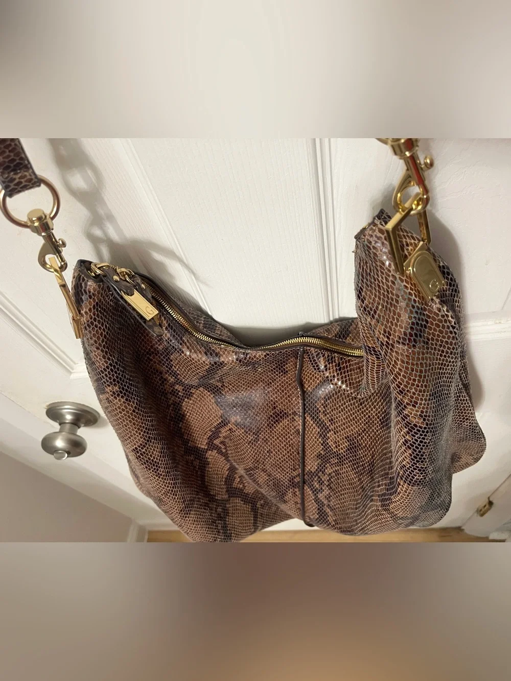 G.I.L.I Got It Love it Milano Large Brown Black Python Embossed Leather Hobo Bag